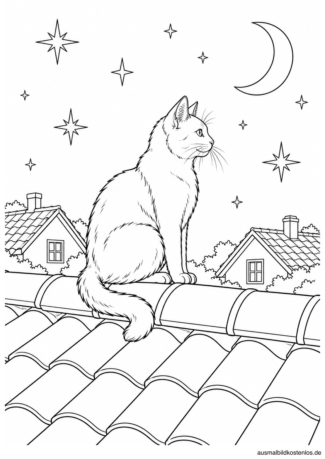 Seitlich sitzende Katze auf einem Dachfirst unter Mondsichel und Sternen mit zwei Häusern im Hintergrund.