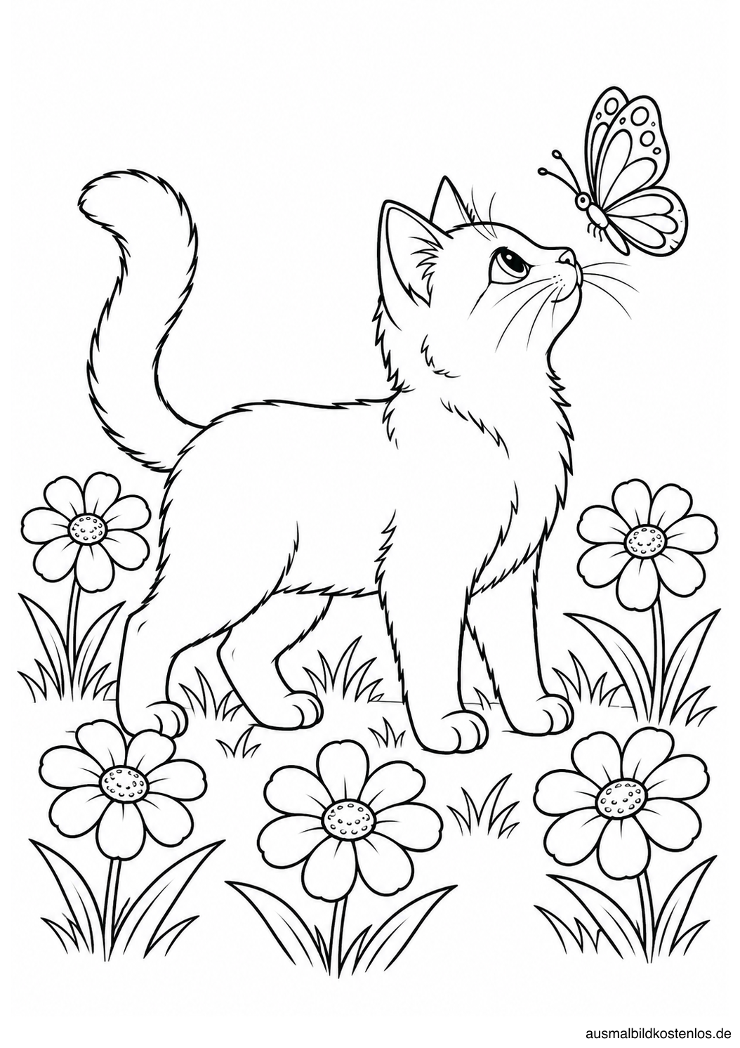 Seitlich stehende Katze blickt zu einem Schmetterling über ihrer Nase, umgeben von fünf Blumen.