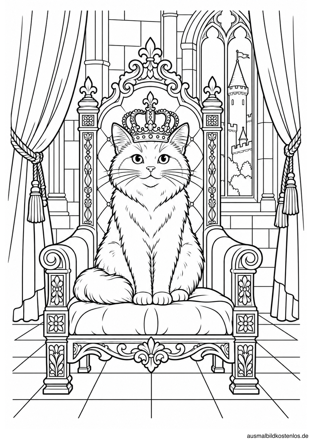 Gekrönte Katze auf einem verzierten Thron zwischen zwei Vorhängen, daneben ein Fenster mit Schlossturm.