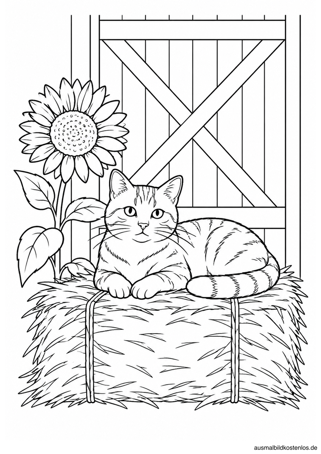 Liegende Katze auf einem rechteckigen Strohballen vor einer Scheunentür neben einer Sonnenblume.