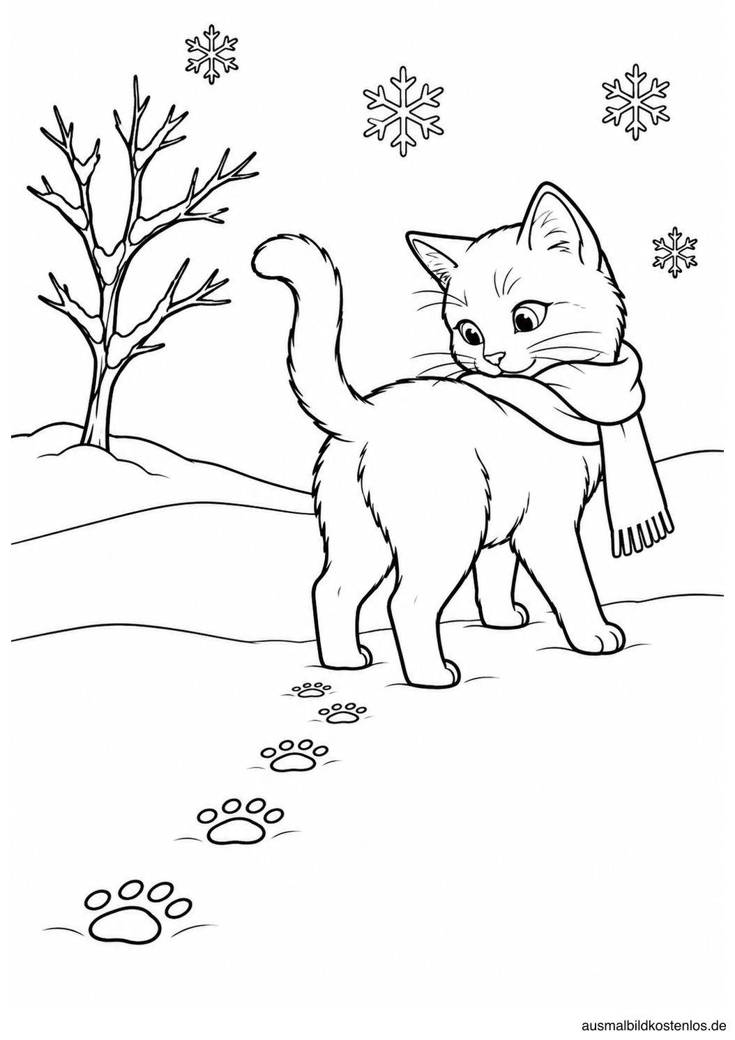 Katze mit Schal blickt auf ihre Pfotenspuren im Schnee zurück; daneben ein kahler Baum und Schneeflocken.