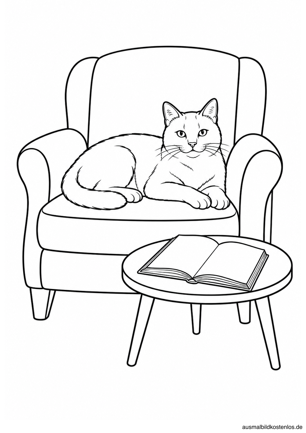 Ruhende erwachsene Katze auf einem breiten Sessel neben einem runden Beistelltisch mit offenem Buch.