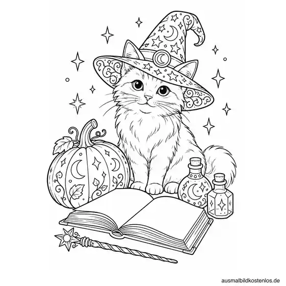 Magische Katze neben einem Zauberbuch