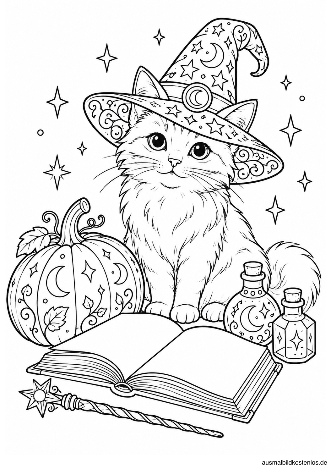 Katze mit gemustertem Hexenhut hinter einem offenen Buch, neben Kürbis, zwei Fläschchen und Zauberstab.