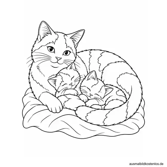 Katzenmutter kuschelt mit zwei Kätzchen