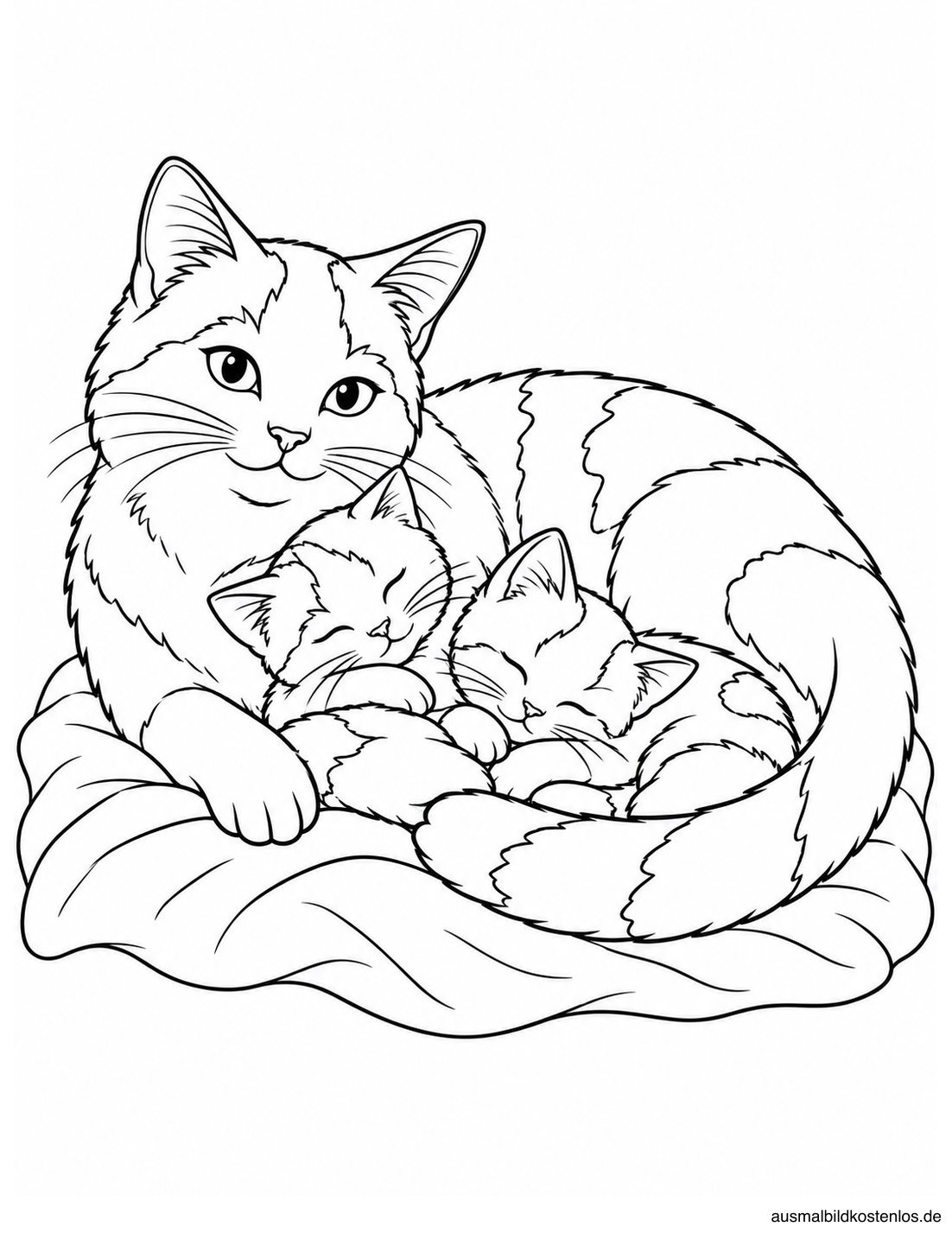 Liegende Katzenmutter auf einer Decke mit zwei schlafenden Kätzchen und gebogenem Schwanz.