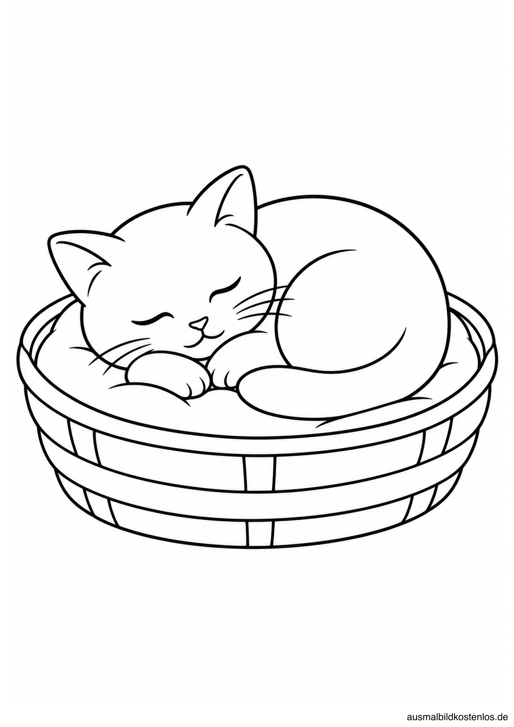 Zusammengerollte schlafende Katze auf einem Kissen in einem ovalen Körbchen.