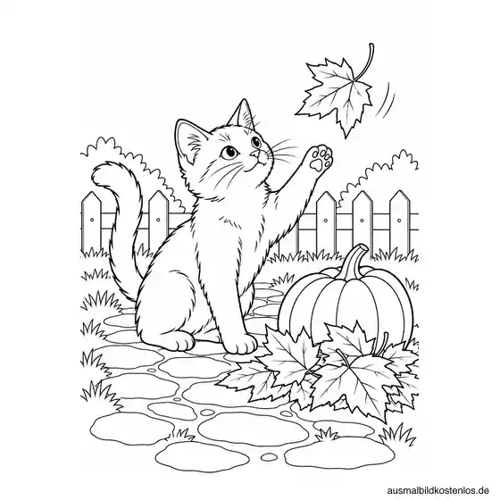 Katze spielt mit einem fallenden Herbstblatt