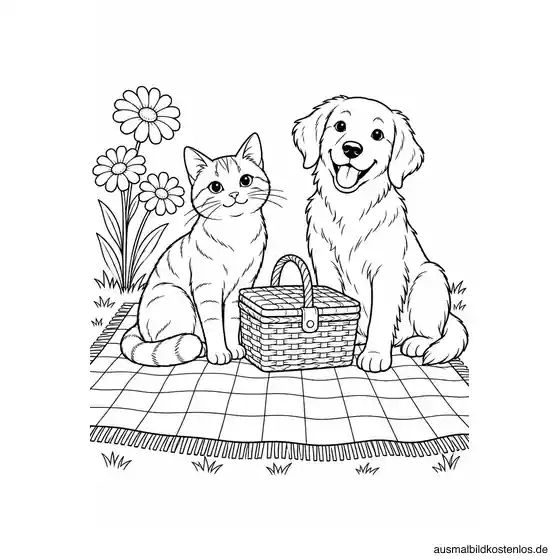 Katze und Hund teilen eine Picknickdecke