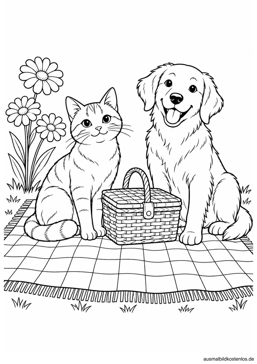 Katze und Hund sitzen auf einer karierten Picknickdecke mit einem geschlossenen Korb und drei Blumen.