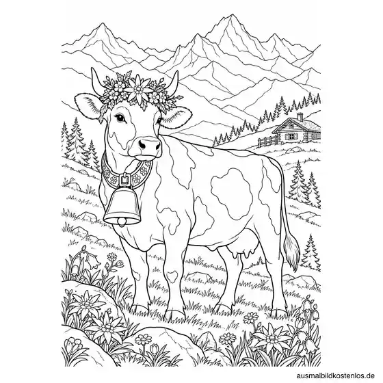 Almkuh mit Glocke und Blumenschmuck vor Bergen, einer kleinen Hütte und Wiesenblumen.