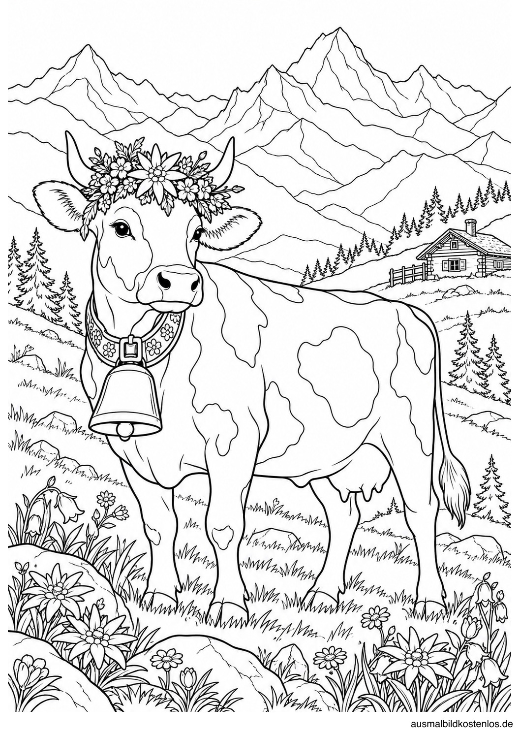 Almkuh mit Glocke und Blumenschmuck vor Bergen, einer kleinen Hütte und Wiesenblumen.