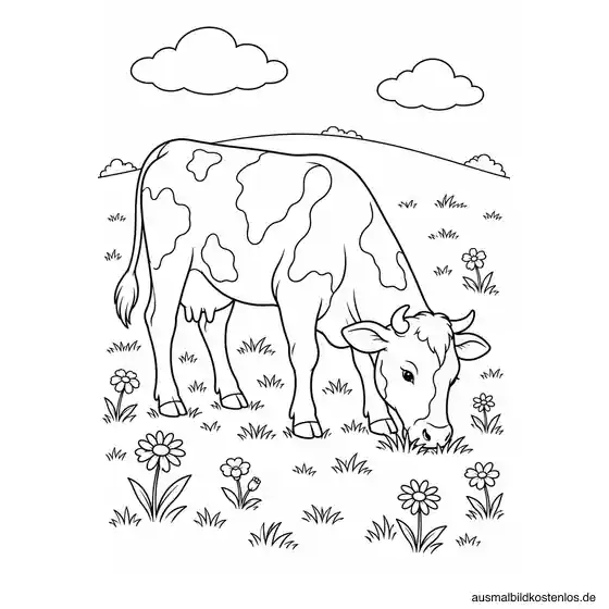 Grasende Kuh zwischen Wiesenblumen vor einem niedrigen Hügel und zwei Wolken.