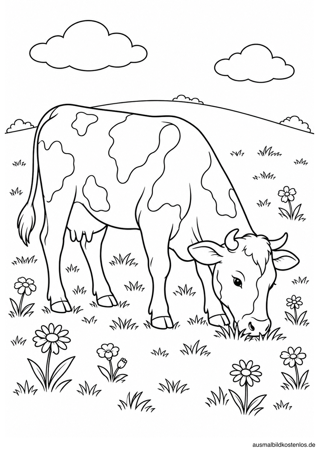 Grasende Kuh zwischen Wiesenblumen vor einem niedrigen Hügel und zwei Wolken.