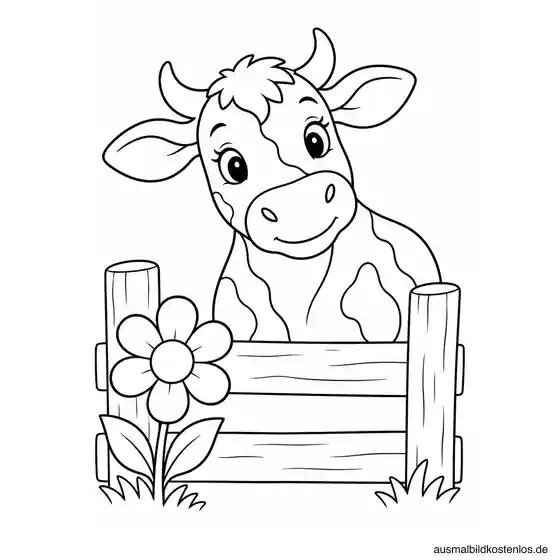 Neugierige Kuh schaut über einen niedrigen Holzzaun neben einer großen Blume.