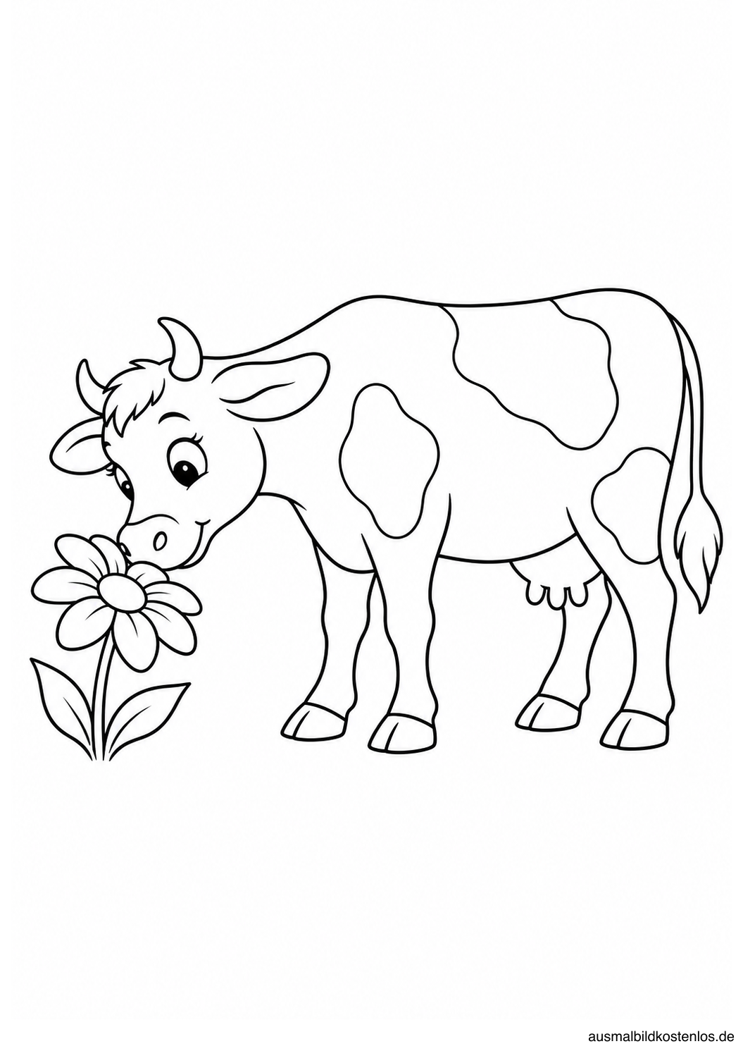 Kuh in Seitenansicht senkt ihre Schnauze zu einer einzelnen großen Blume.