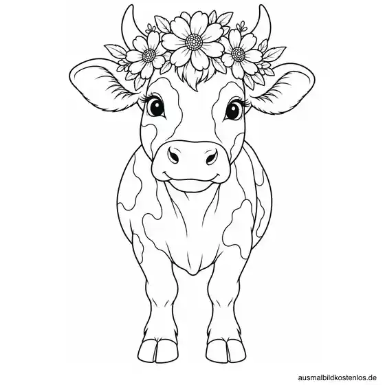 Kuh von vorn mit großem Blumenkranz zwischen den Ohren und sichtbaren Vorderbeinen.