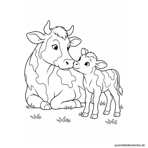 Liegende Mutterkuh berührt ihr stehendes Kalb mit der Schnauze auf der Weide.