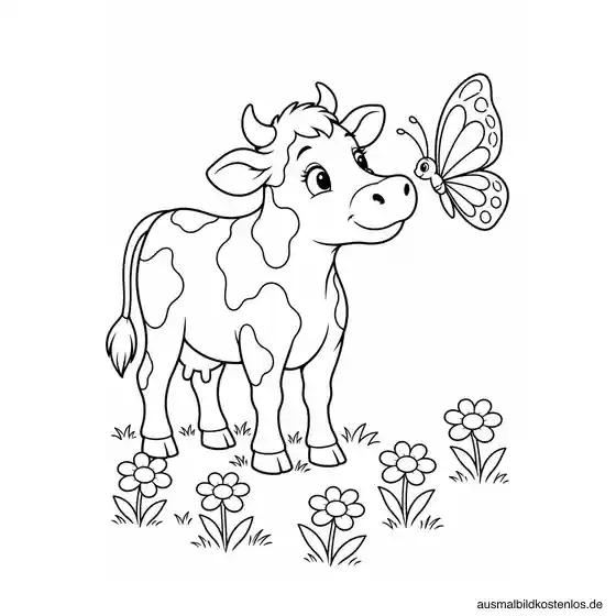 Stehende Kuh betrachtet einen großen Schmetterling über fünf einfachen Blumen.