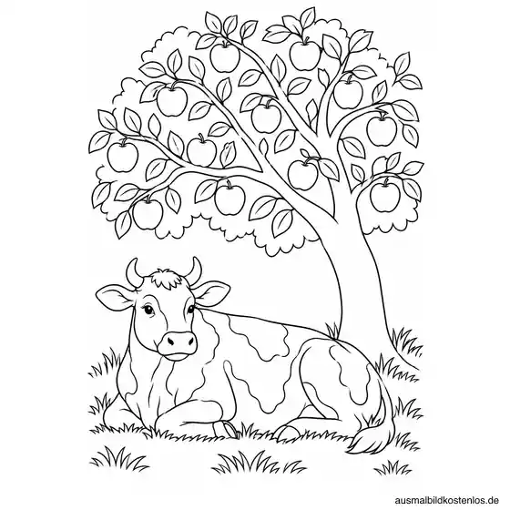 Liegende Kuh ruht unter einem verzweigten Apfelbaum mit großen Früchten und einzelnen Blättern.