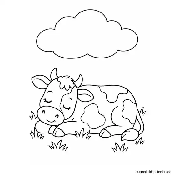 Schlafende Kuh mit geschlossenen Augen liegt unter einer großen Wolke im Gras.
