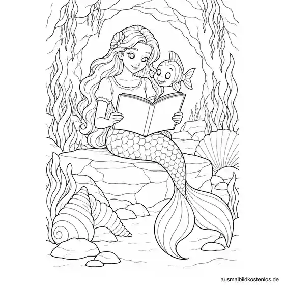 Meerjungfrau sitzt mit offenem Buch in einer Grotte; ein Fisch schaut über ihre Schulter.