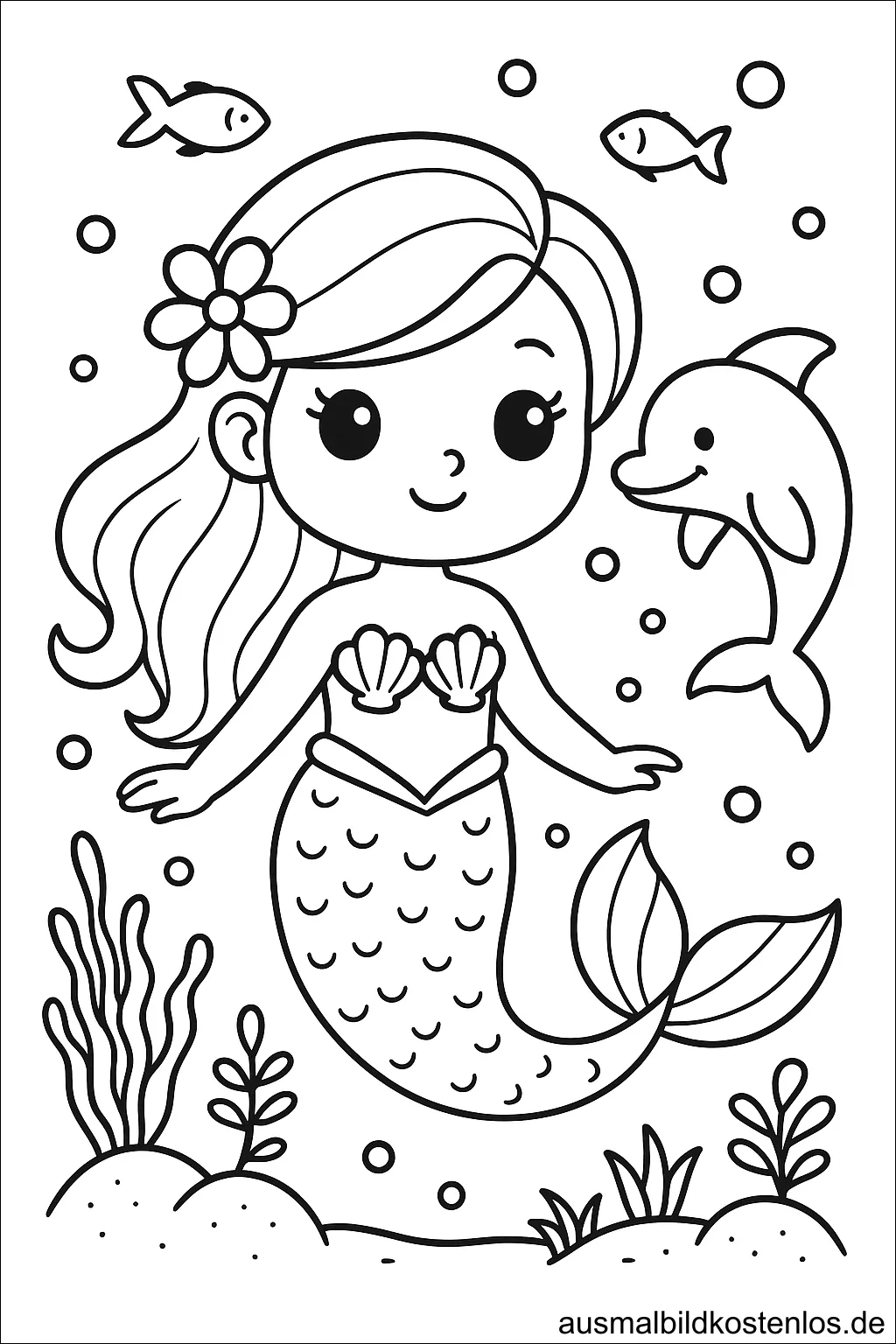 Meerjungfrau mit Delfin und Fischen Ausmalbild für Kinder