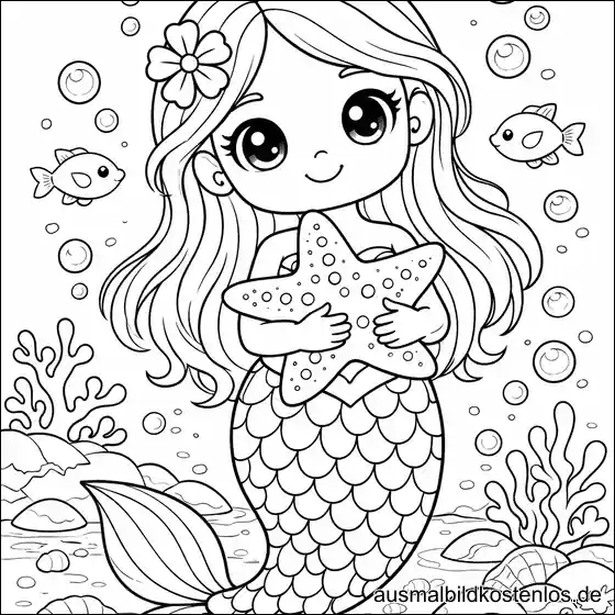 Meerjungfrau mit Seestern - kostenlose Malvorlage