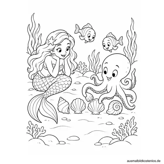 Meerjungfrau beobachtet einen Oktopus beim Ordnen von vier Muscheln; zwei Fische schauen zu.