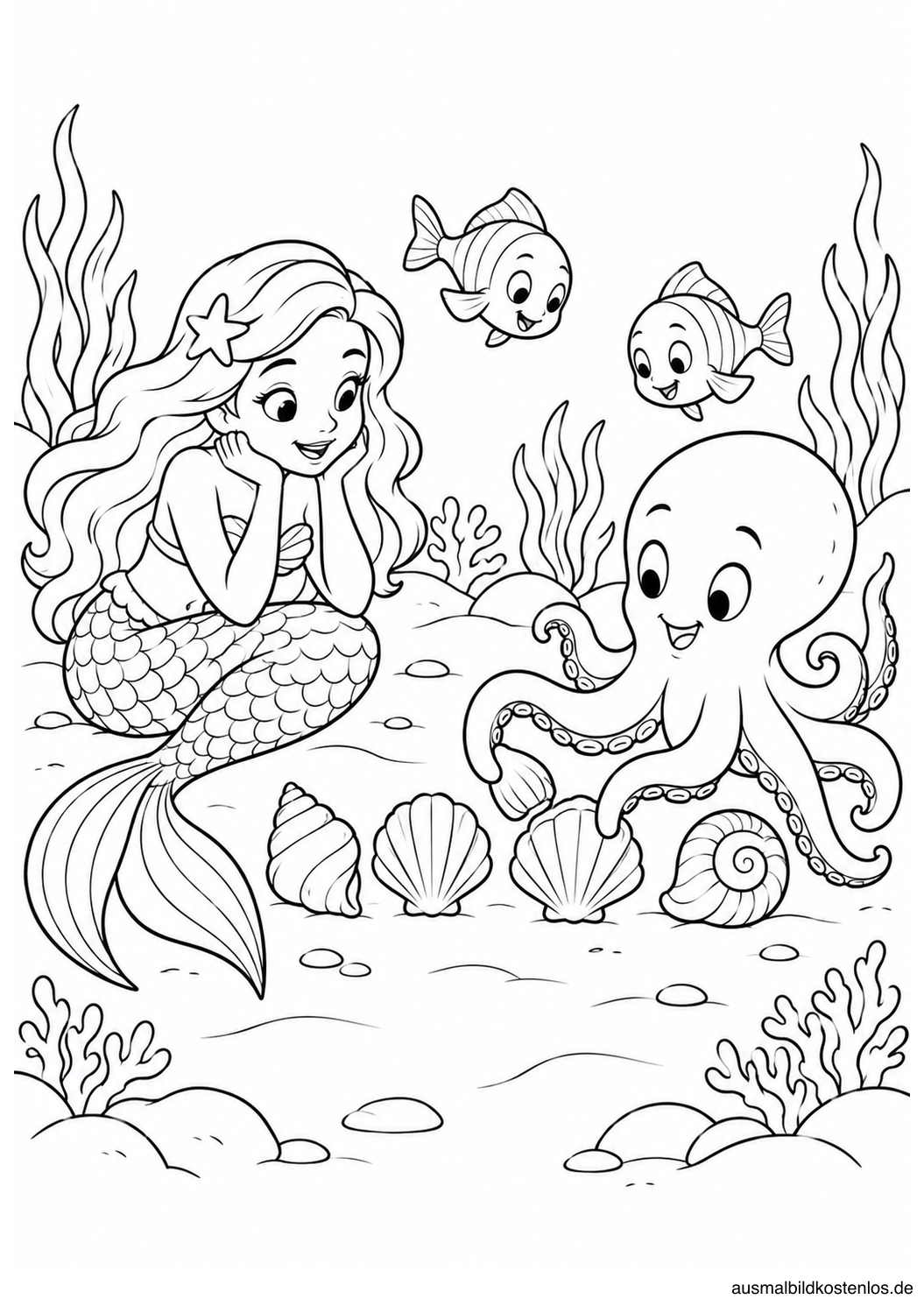Meerjungfrau beobachtet einen Oktopus beim Ordnen von vier Muscheln; zwei Fische schauen zu.