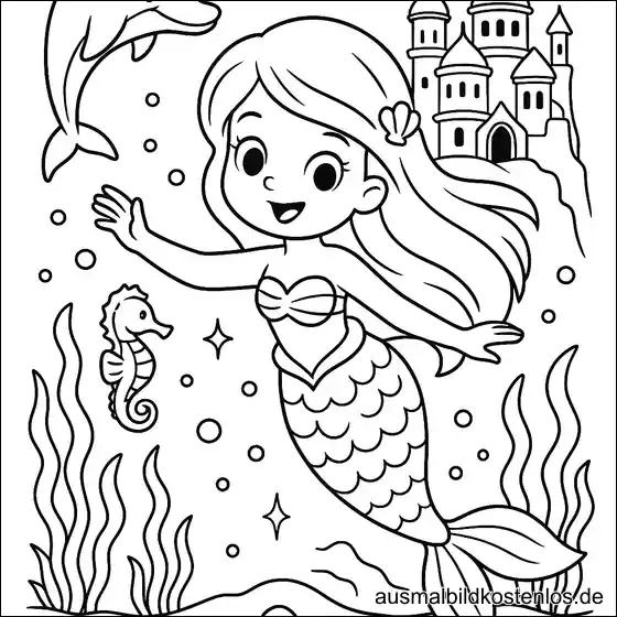 Meerjungfrau und Delfin vor Schloss