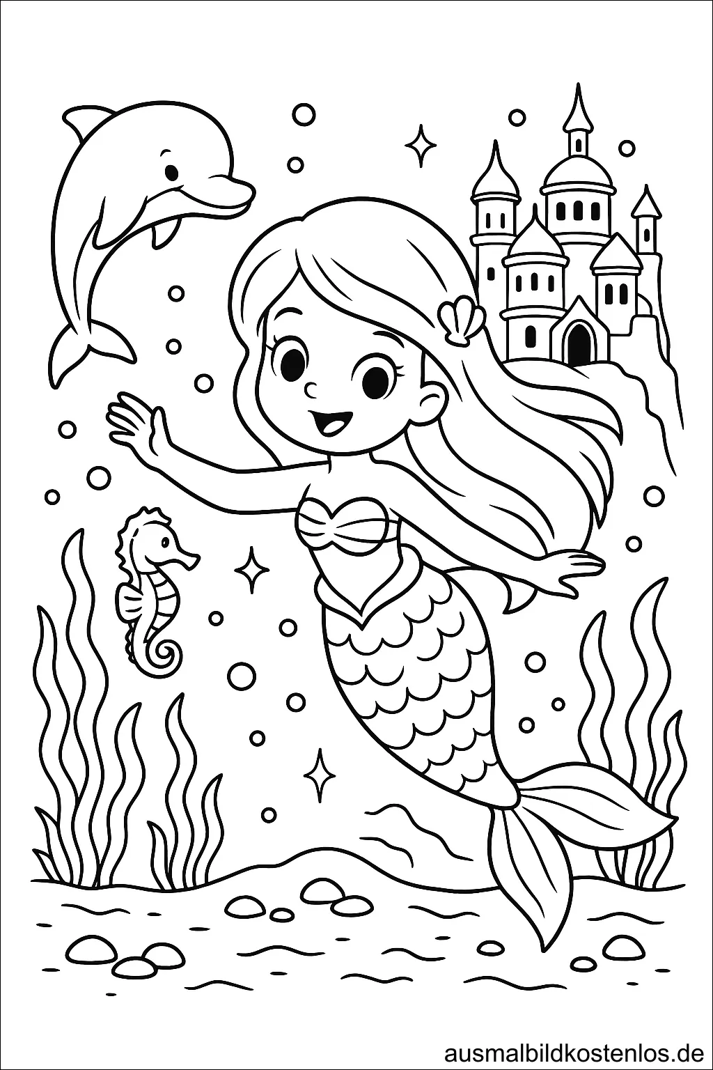 Meerjungfrau und Delfin vor Schloss