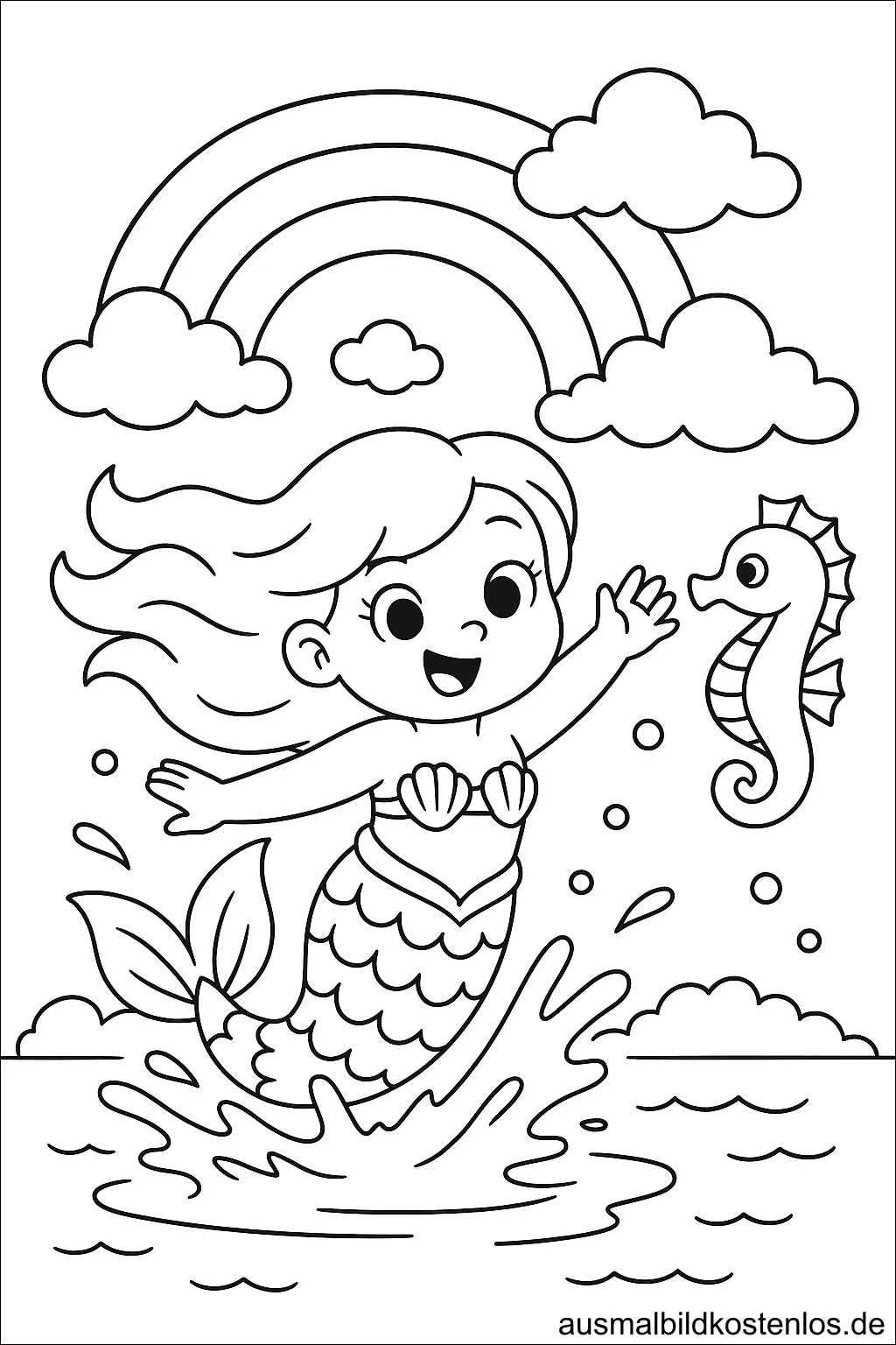 Meerjungfrau und Seepferdchen Ausmalbild für Kinder