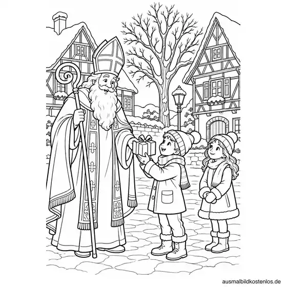 Nikolaus verteilt Gaben auf dem Dorfplatz