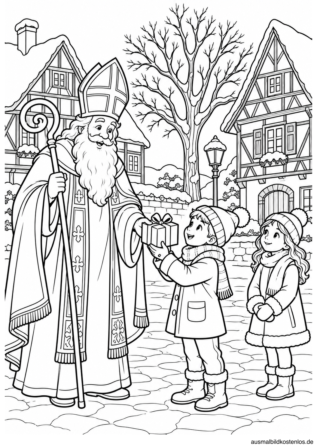 Nikolaus reicht einem Kind ein Päckchen; ein zweites wartet vor zwei Fachwerkhäusern im Schnee.