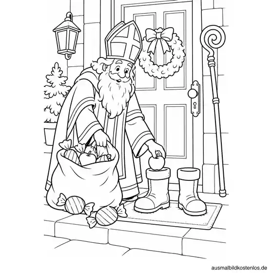 Nikolaus füllt die Stiefel vor der Haustür