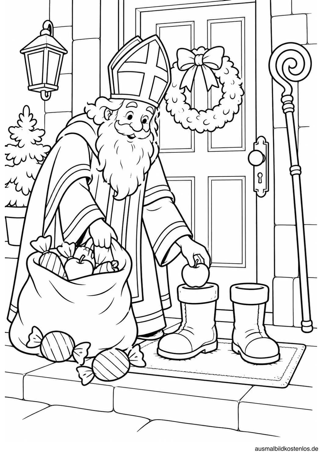 Nikolaus legt einen Apfel in einen Stiefel vor der Haustür; daneben stehen Sack und Bischofsstab.