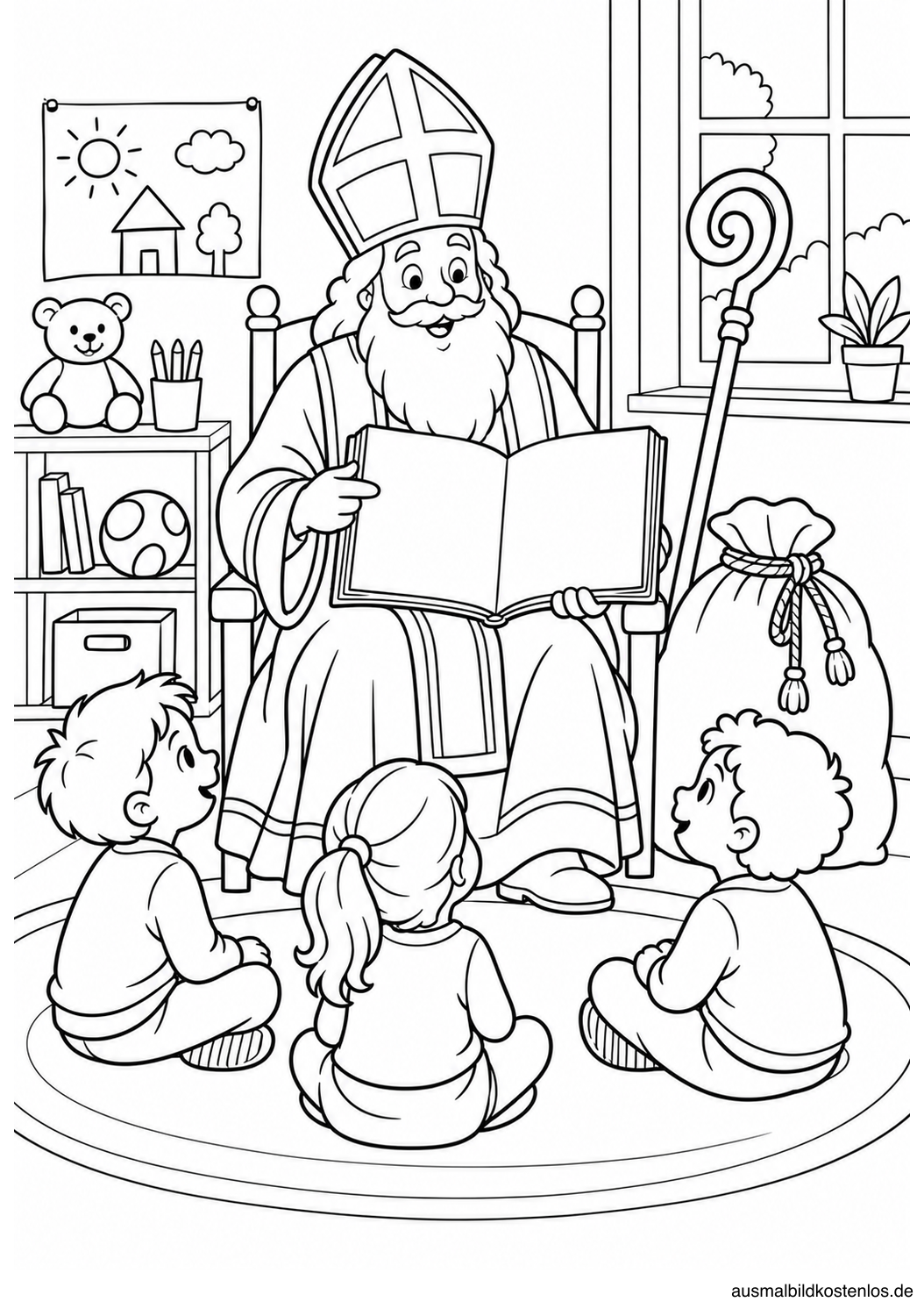 Nikolaus zeigt drei sitzenden Kindern ein geöffnetes Buch mit leeren Seiten im Kindergarten.