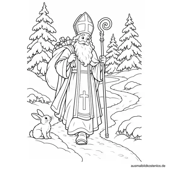 Nikolaus wandert durch den verschneiten Wald