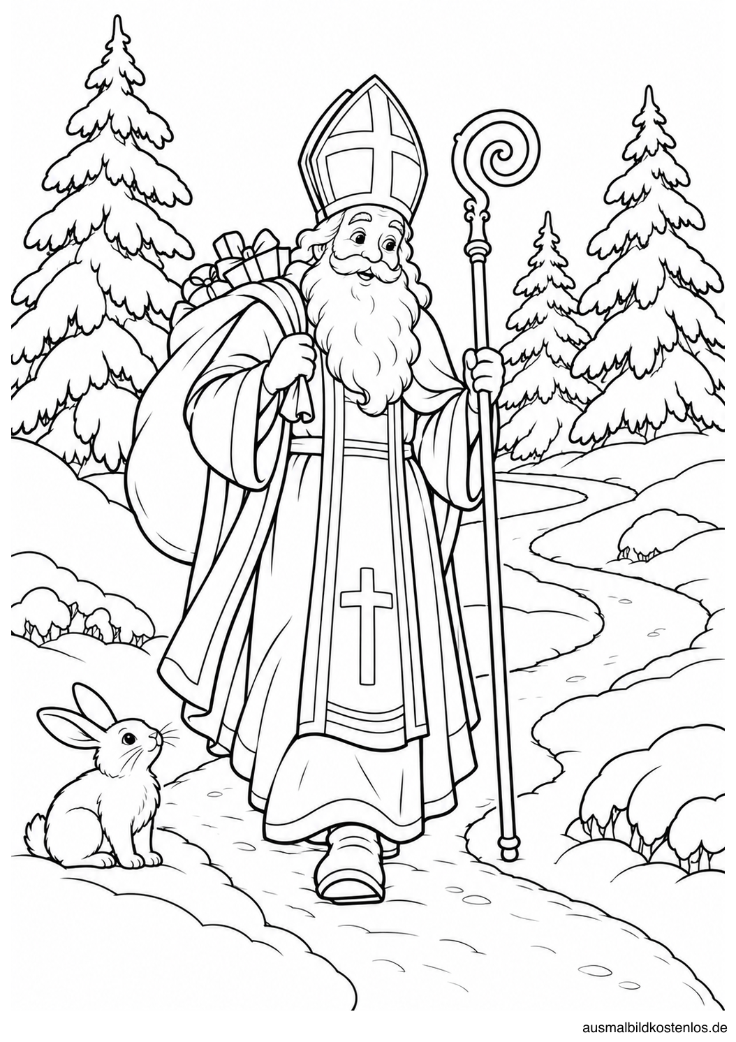 Nikolaus wandert mit Sack und Stab zwischen drei verschneiten Tannen; ein Hase sitzt am Weg.