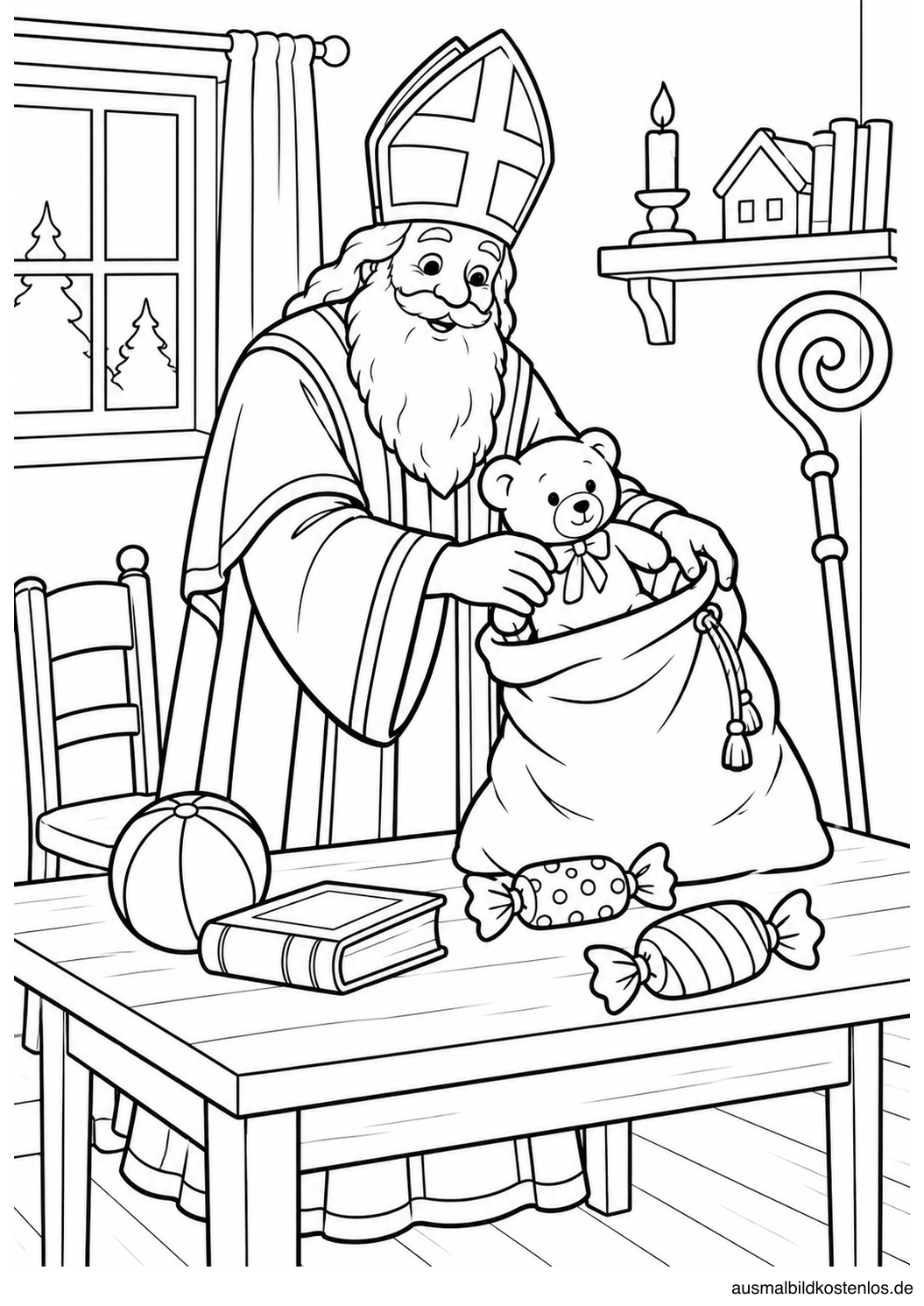 Nikolaus steckt einen Spielzeugbären in seinen Sack; Ball, Buch und zwei Bonbons liegen auf dem Tisch.