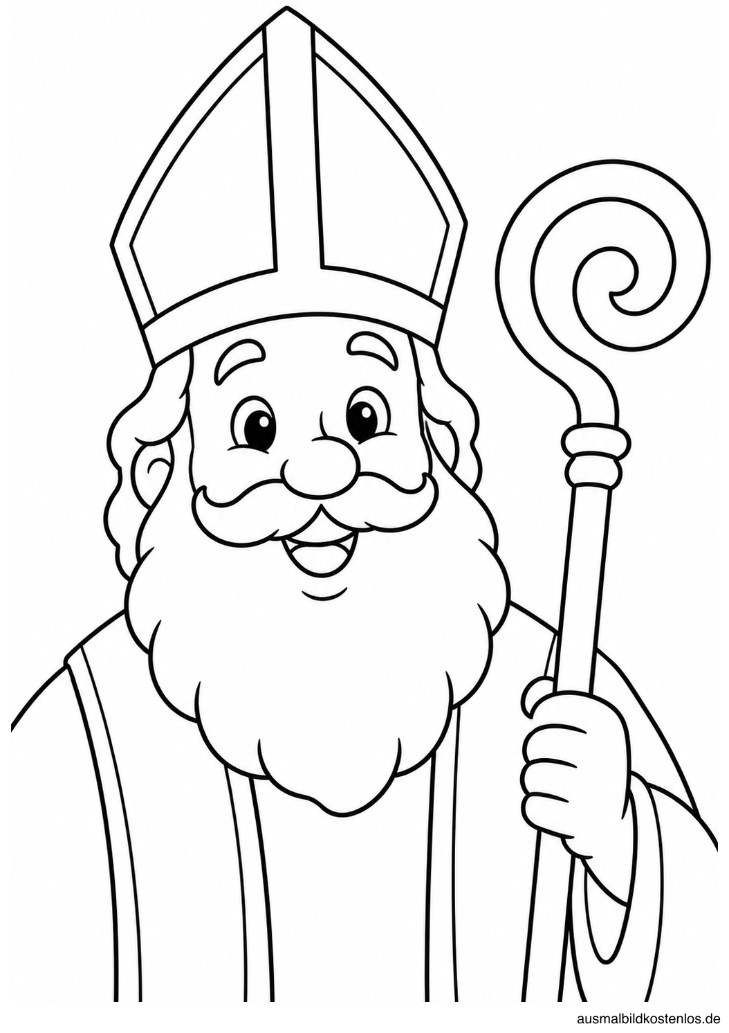 Großes Nikolausporträt mit schlichter Mitra, breitem Bart und einer Hand am Bischofsstab.