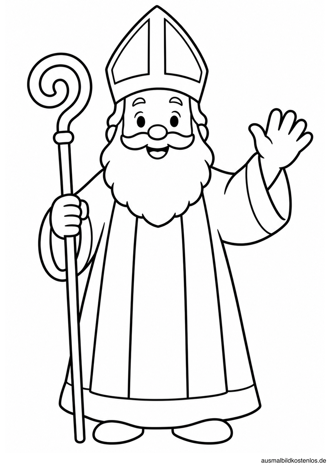 Ein winkender Nikolaus mit Mitra, langem Mantel und gebogenem Bischofsstab.
