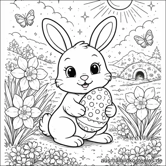 Osterhase auf Blumenwiese – gratis Ausmalbild
