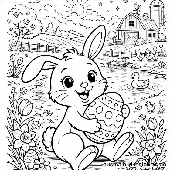 Osterhase mit Osterei am Teich – gratis Ausmalbild