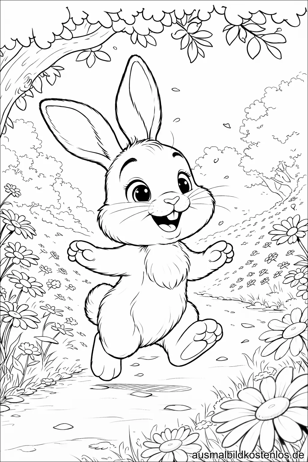 Osterhase im Frühlingsgarten - gratis Ausmalbild