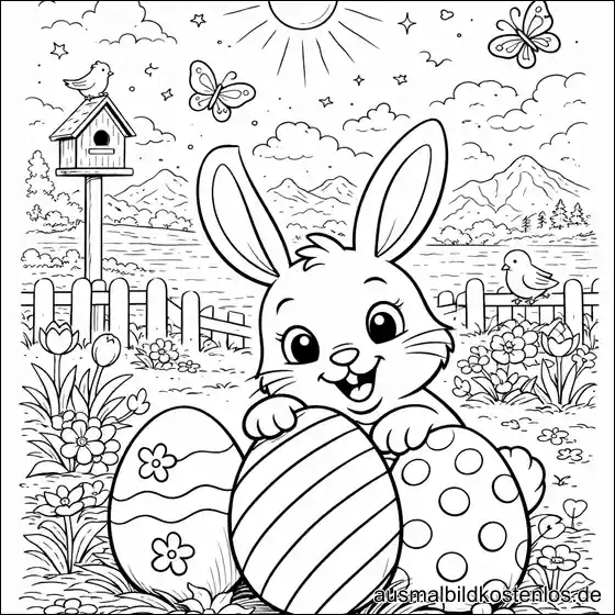 Osterhase im Garten mit Ostereiern – gratis Ausmalbild