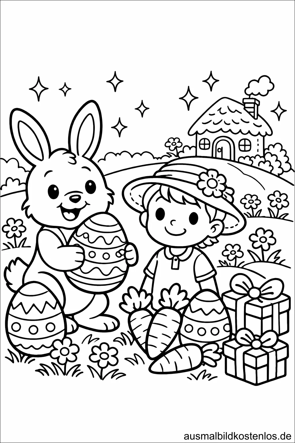 Osterhase mit Kind und Ostereiern - kostenlose Malvorlage
