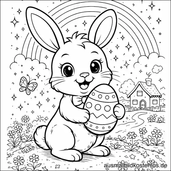 Osterhase mit Osterei vor Regenbogen – kostenlose Malvorlage