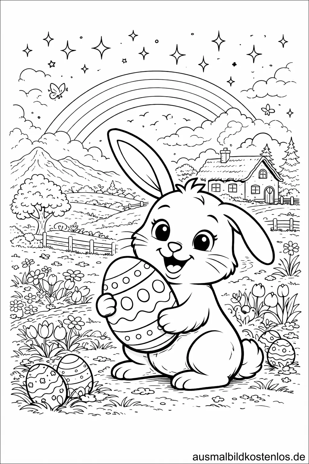 Osterhase mit Osterei vor Regenbogen – kostenlose Malvorlage